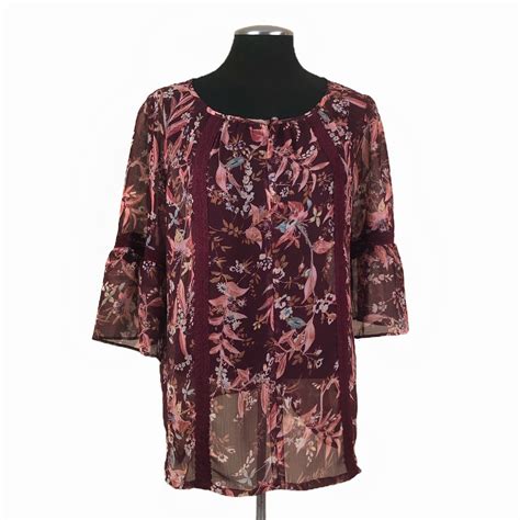 LC Lauren Conrad Sheer Chiffon Floral Peasant Blous Gem