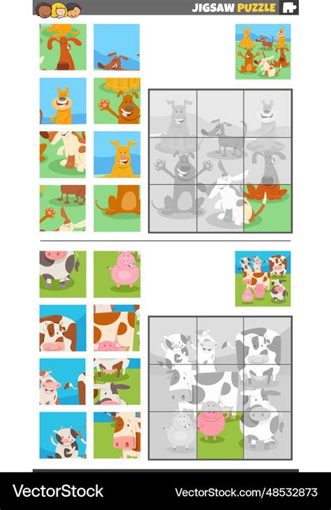 Jigsaw puzzle games set with dogs and farm animal Vector Image