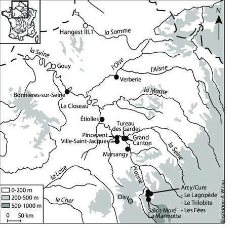 Map of Paris Basin Late Glacial sites with faunal remains. Grey dot ...