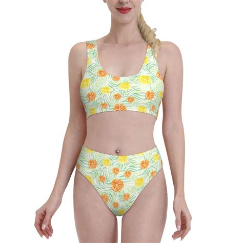 Logiee Tree Palms Lemon Print Women S Piece Bikini Set Halter Bathing Suit High Waisted Bikini