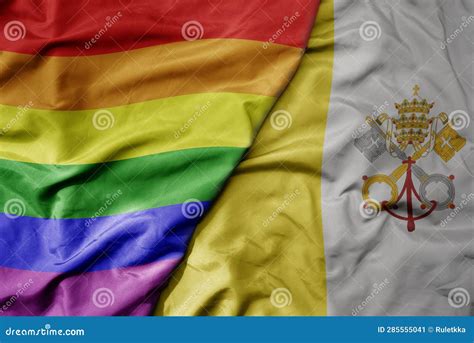 Big Waving Realistic National Colorful Flag Of Vatican City And Rainbow Gay Pride Flag Stock
