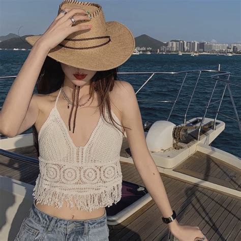 Crochet Tassel Halter Top Bikini Swimsuit Outer Wear Sexy Beach Outfit For Women Shopee
