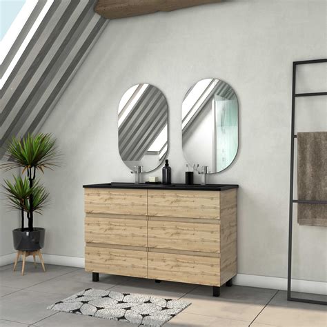 Meuble Salle de Bains 120cm 6 Tiroirs Chêne Naturel Vasque Noire et