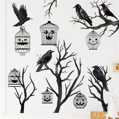 GGBOY Halloween Wall Decals, Black Crow Halloween Wall Stickers Removable, Gothic Halloween ...