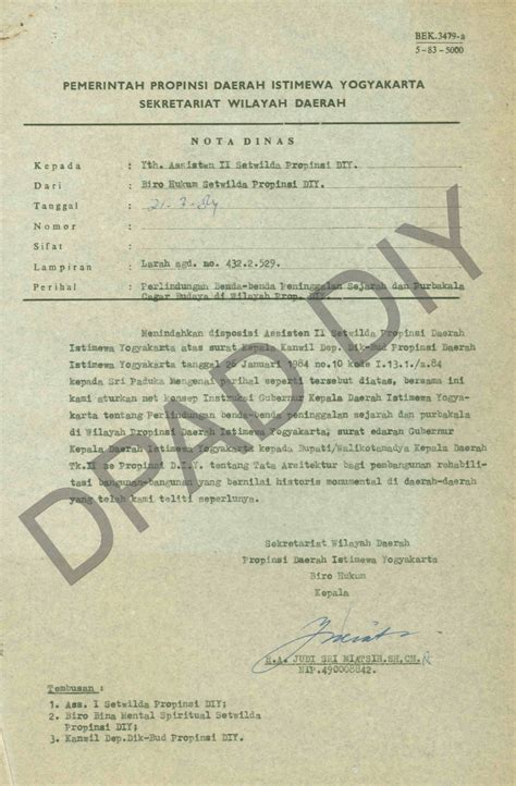Nota Dinas Kepala Biro Hukum Setwilda Propinsi DIY kepada Assisten II