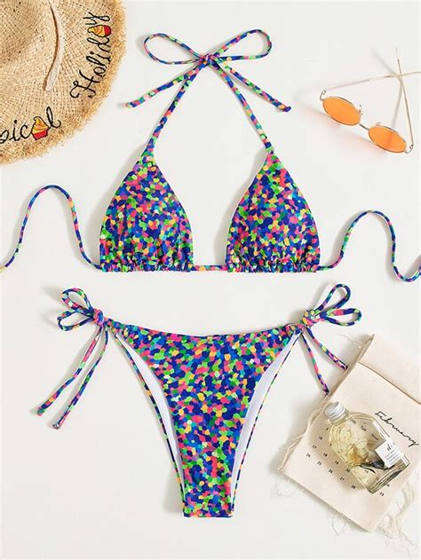 SHEIN Swim Mod Allover Print Bikini Set Halter Micro Triangle Bra Top