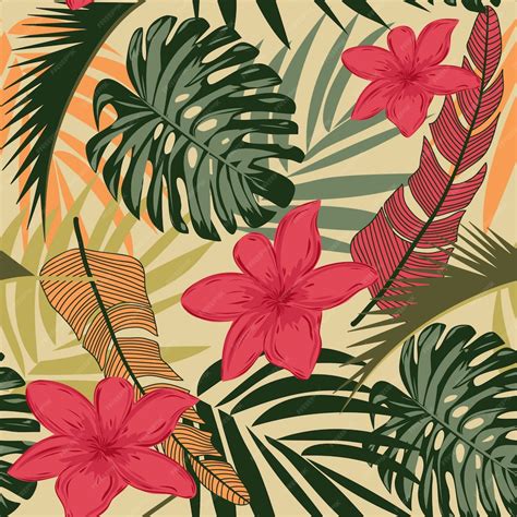 Premium Vector Seamless Pattern With Bright Tropical Leaves And Flowers