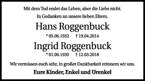 Traueranzeigen Von Hans Roggenbuck Ingrid Roggenbuck Trauer De