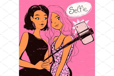 Two Young Women Making Selfie Using A Stick Vector Illustration With