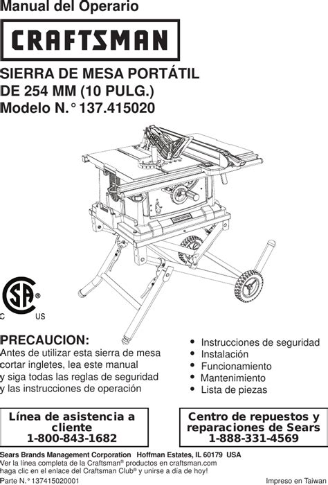 Craftsman 10 Jobsite Table Saw Owners Manual Espanol