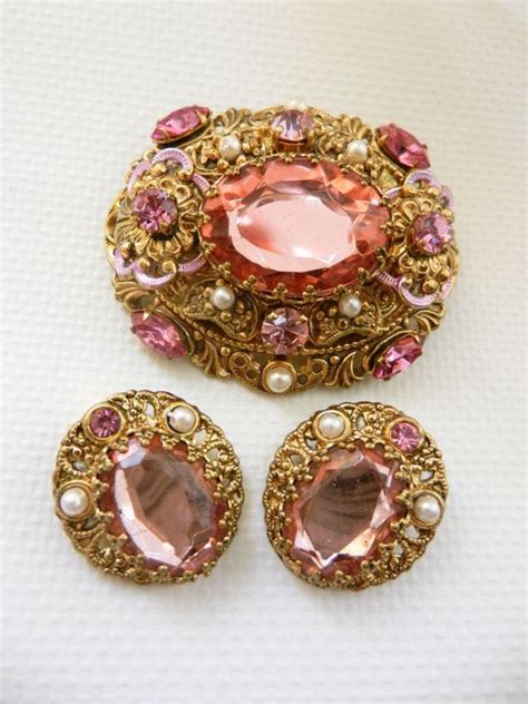 W Germany Antique Brooch And Earrings Set Gold Repousse Vibrant Pink