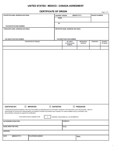 Sample USMCA Certificate of Origin