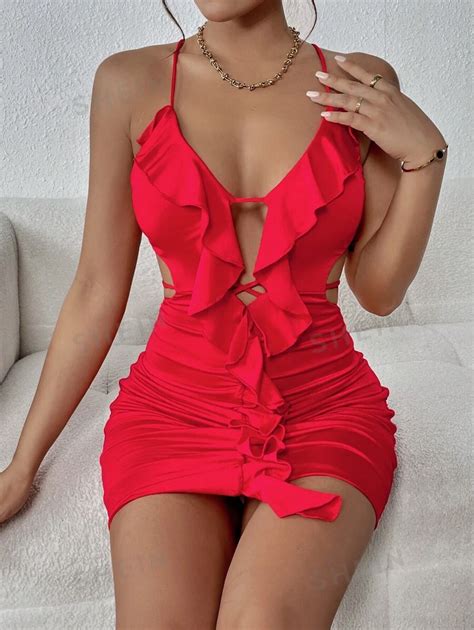 Shein Privé Ruffle Trim Crisscross Tie Backless Ruched Bodycon Dress