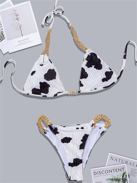 2021 Cow Print Halter Chain Bikini Set In Bikini Sets Online Store