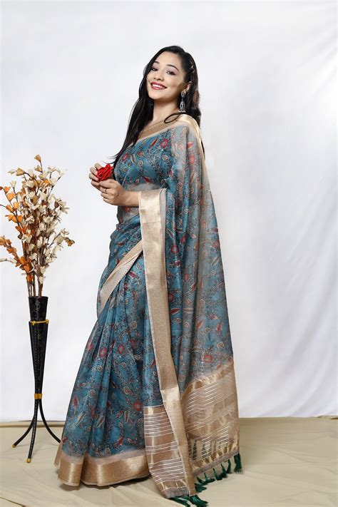 Shop Online Organza Kalamkari Printed Saree With Jacquard Weaving