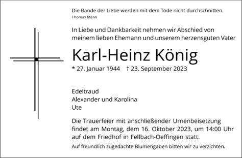 Traueranzeigen Von Karl Heinz K Nig Stuttgart Gedenkt De