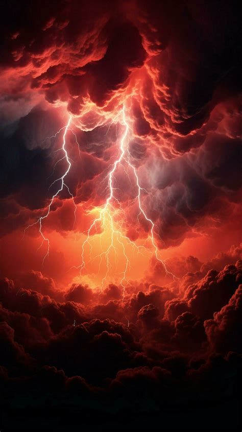 Dramatic Red Storm Sky Engulfed In Electrifying Apocalyptic Lightning