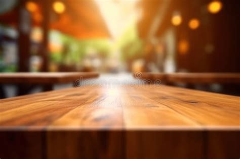 Wooden Table Top With Blur Background Of Coffee Cafe Generative Ai