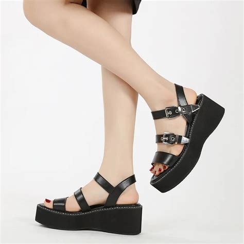 Women S Fashion Buckle Sandals Punk Gothic Platform Sandals Platform Heels Roman Open Toe