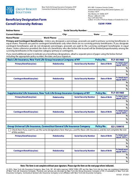 Fillable Online Cornell University Retiree Nyl Beneficiary