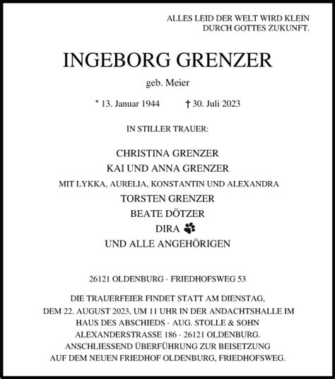 Traueranzeigen Von Ingeborg Grenzer Nordwest Trauer De