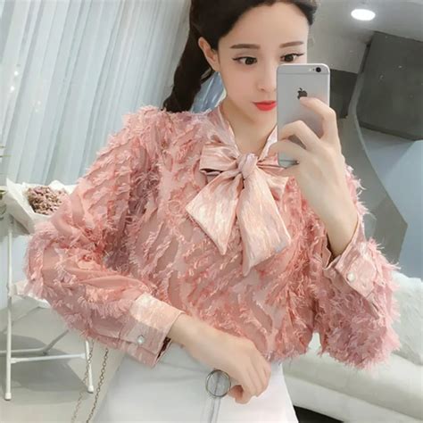 2018 Autumn Long Sleeve Tassels Chiffon Shirts Women Fringe Pink