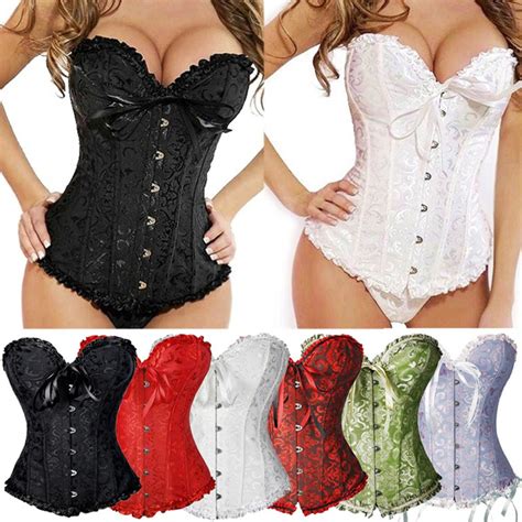 Womens Lacing Corset Top Satin Floral Boned Overbust Body Shaper Bustier Costume Lingerie Waist