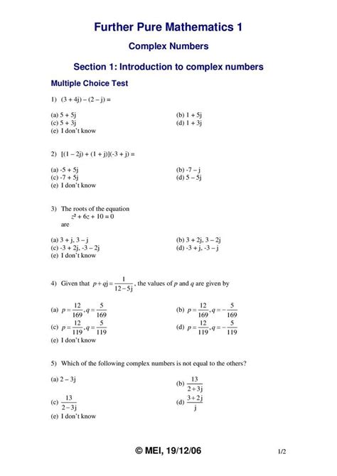 Introduction To Complex Numbers Worksheet For 10th 12th Grade