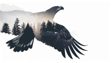 A Large Bird Flying Over A Forest Filled With Trees Double Exposure Of