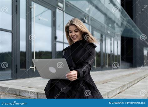 Woman Boss Working on Laptop at Office Entrance Stock Image - Image of ...