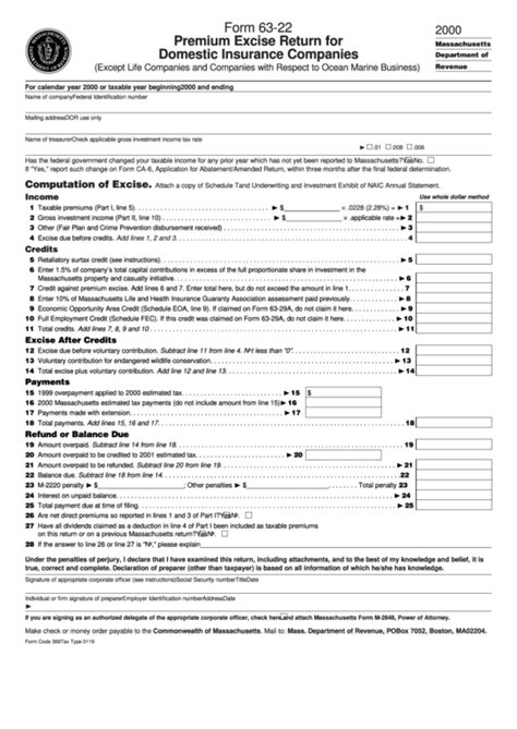 Fillable Form 63 22 Premium Excise Return For Domestic Insurance Companies 2000 Printable