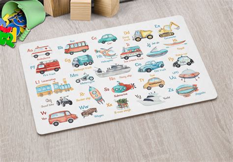 personalized placemats  kids vehicles alphabet transportation