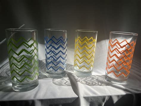 Vtg Crisa Zig Zag Yellow Blue Orange Green 16 Oz Drinking Glasses Set