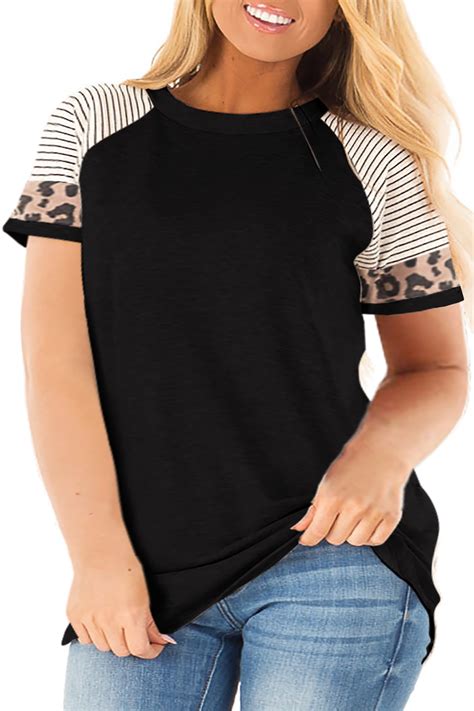 Temofon Plus Size Tops For Women Crew Neck Short Sleeve Black Tee