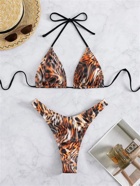 Bañador bikini con tanga triángulo de leopardo halter