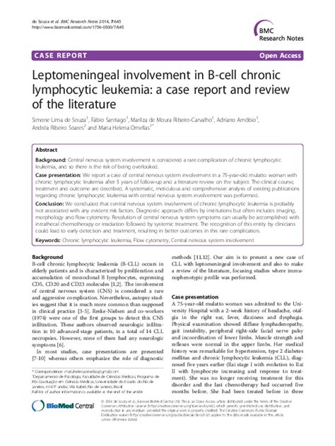 Pdf Pulmonary And Central Nervous System Infiltration Of Chronic Lymphocytic Leukemia With