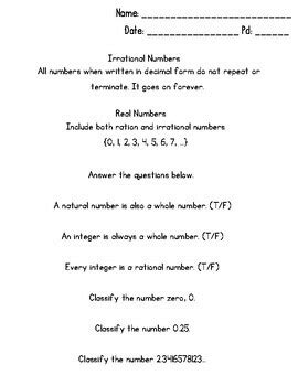 The Real Number System Classifying Real Numbers Notes With Practice