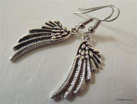 Small Silver Guardian Angel Wing Earrings Ornate Antiqued Etsy