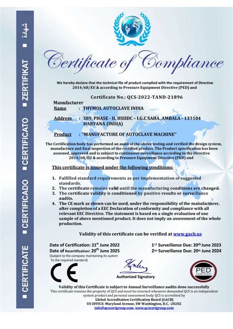 Certifications Thymol Autoclave India