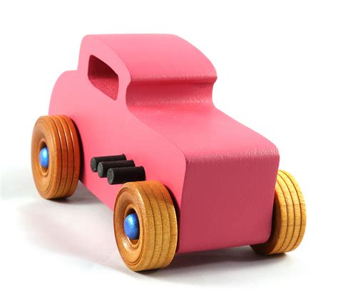 Wooden Toy Car Hot Rod 32 Deuce Coupe Handmade Painted Pink With Metallic Sapphire Blue And