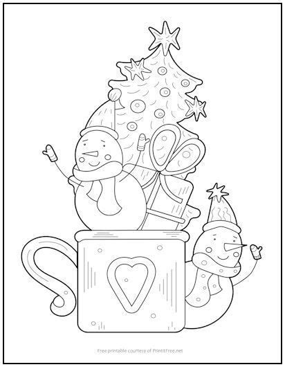 This Free Printable Christmas Themed Coloring Page Features Two Snowmen