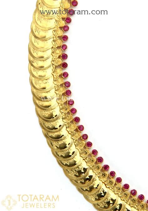 K Gold Lakshmi Kasu Mala Long Kasulaperu With Red Stones