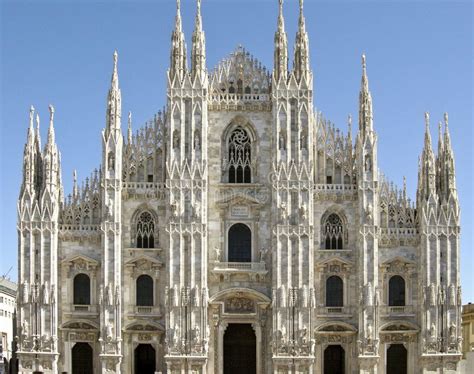 Milan Cathedral. Front view of the Gothic Cathedral of Milan, Italy , # ...