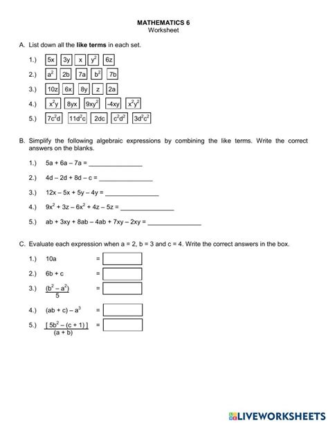 Evaluating Algebraic Expressions Interactive Worksheet