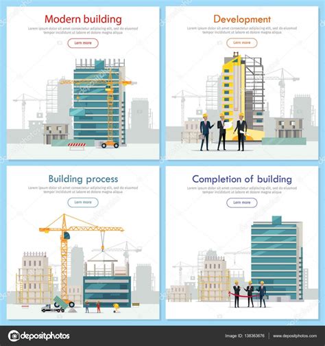 Moderno Edificio Desarrollo Proceso De Construcción — Vector De Stock