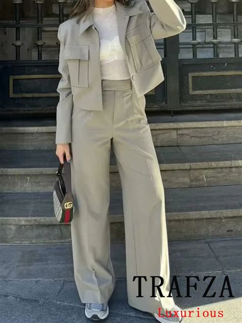 TRAFZA Vintage Casual Solid Women Suit Turn Down Collar Long Sleeve