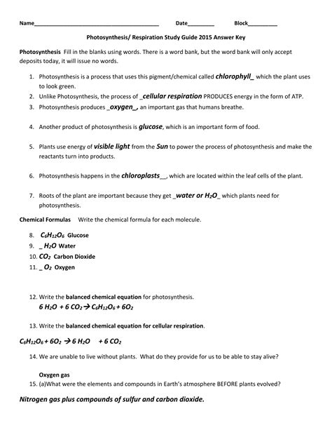 Photosynthesis Fill In The Blank Answer Key