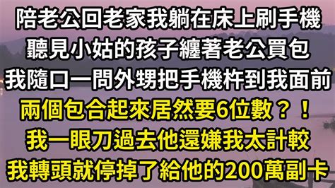 陪老公回老家我躺在床上刷手機，聽見小姑的孩子纏著老公買包，我隨口一問外甥把手機杵到我面前，兩個包合起來居然要6位數？！我一眼刀過去他還嫌我太計較，我轉頭就停掉了給他的200萬副卡 翠花的秘密