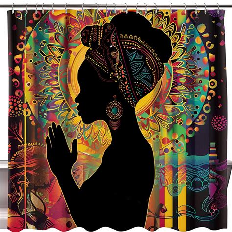 Beautiful African American Woman Praying Shower Curtain Vibrant Colors And Cultural Patterns