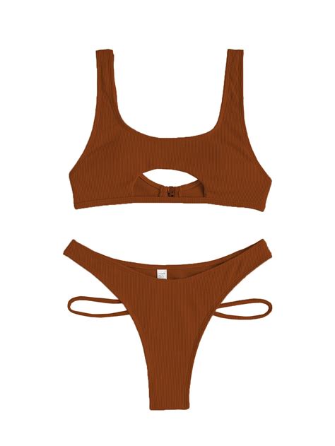 Snapklik Womens Sexy Scoop Neck Padded Cutout Strappy Thong Bikini Set Swimsuit Brown